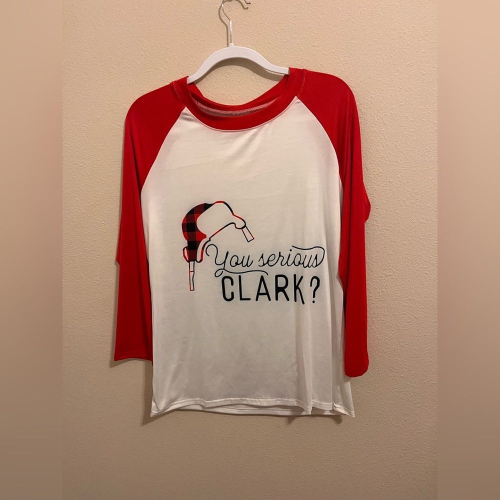 Red and White Graphic Raglan Shirt with Your Serious Clark Logo
